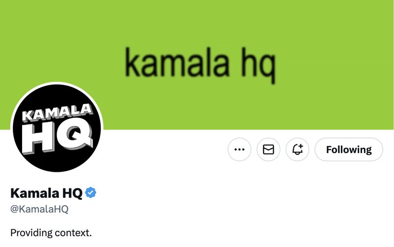 Capture d'écran du compte twiter de Kamala HQ ave le brat green en fond
