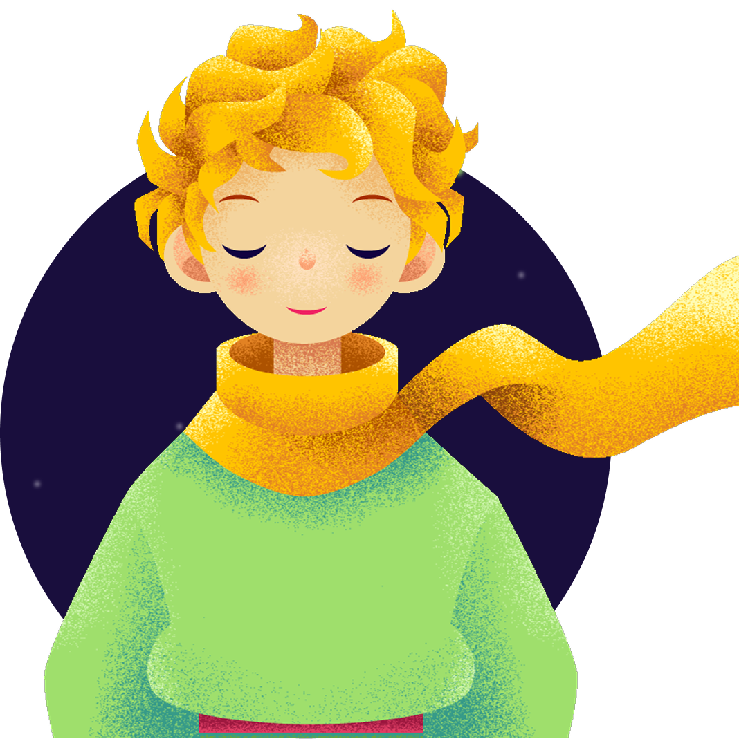 Petit prince : jeune grarçon aux cheveux blonds, avec un haut vert et une écharpe jaune