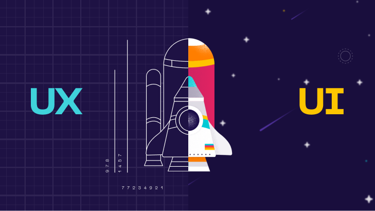La gauche de l'image représente l'ux avec le plan d'une fusée, à droite l'image représente l'ui avec une fusée en couleur dans l'espace