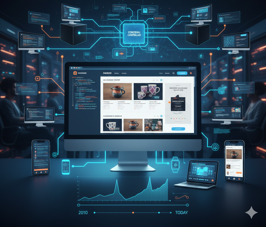 Illustration conceptuelle d'une architecture CMS Headless montrant un noyau central de contenu connecté à plusieurs écrans (ordinateur, smartphone, tablette) avec des graphiques de performance et des serveurs en arrière-plan.