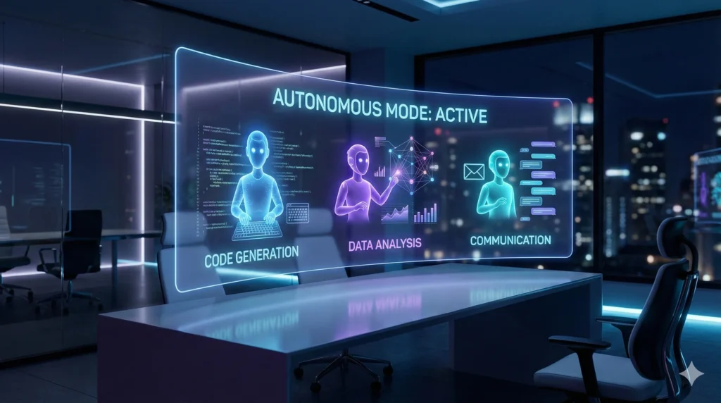 Interface holographique d'un tableau de bord d'IA autonome en action dans un bureau moderne, illustrant la productivité et la gestion multi-tâches automatisée pour agences web.