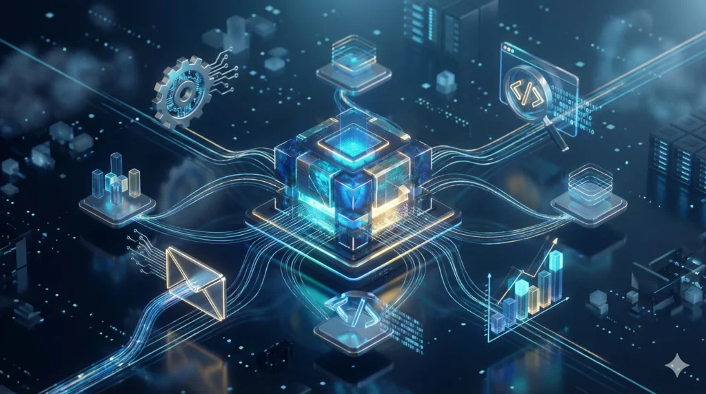 Schéma conceptuel d'une IA autonome représentée par un noyau numérique central pilotant diverses tâches professionnelles (code, analyse, marketing) dans un style technologique futuriste.